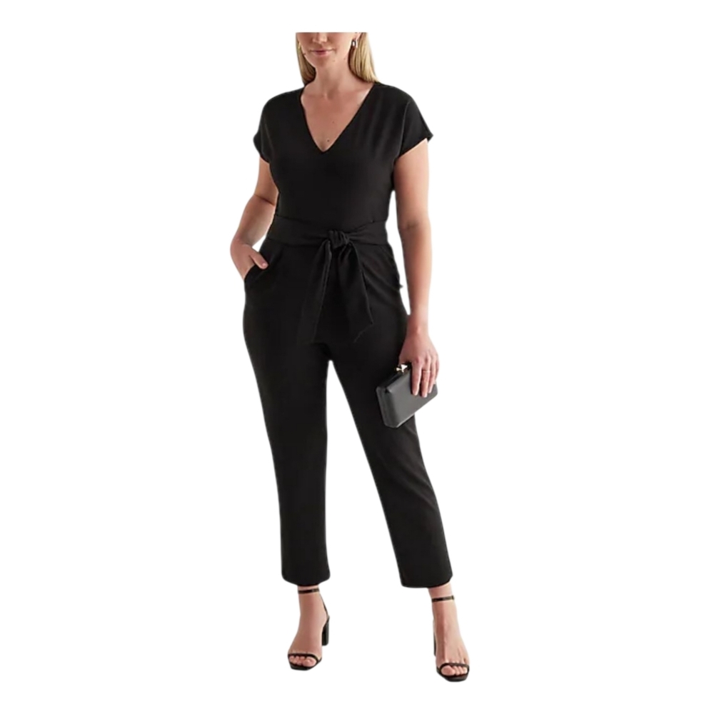 Express V-Neck Tie Waist Straight Leg Black Jumpsuit Medium